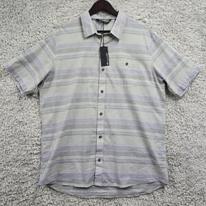 Travis Mathew Mens Striped Button Shirt Size XL Purple Gray Short Sleeve Classic